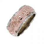 14K Pink Gold Plumeria Scrolling Raise Letter Cut Out Edge Double Ring(Thickness 1.8mm)