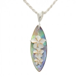 Abalone Shell Surfboard Pendant Three Plumeria Two Tone