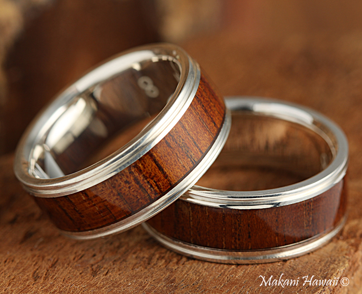 925 Sterling Silver Koa Wood Inlaid Mens Wedding Ring 8mm Makani Hawaii 
