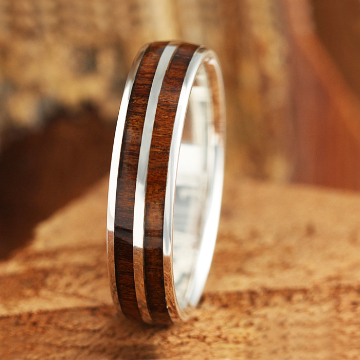 925 Sterling Silver Koa Wood Inlaid Hawaiian Wedding Ring 6mm Makani 