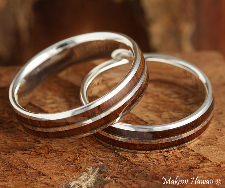 925 Sterling Silver Koa Wood Inlaid Hawaiian Wedding Ring 6mm Makani 
