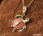 Yellow Gold Pink Coral Inlaid Honu(Hawaiian Turtle) Pendant