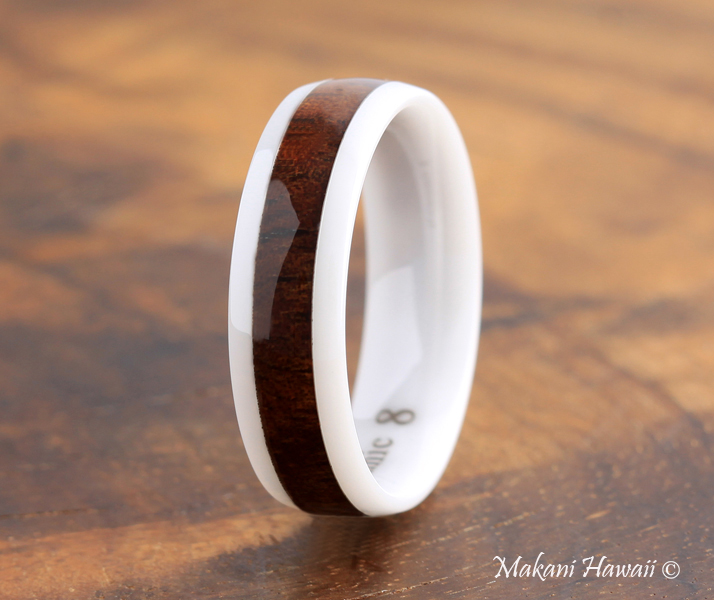 6mm Oval High Tech White Ceramic Koa Wood Wedding Ring