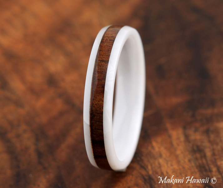 4mm Oval High Tech White Ceramic Koa Wood Wedding Ring 4mm Oval High Tech White Ceramic Koa Wood Wedding Ring