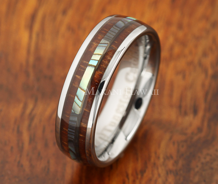Koa Wood Abalone Tungsten Two Tone Wedding Ring Central Abalone 6mm